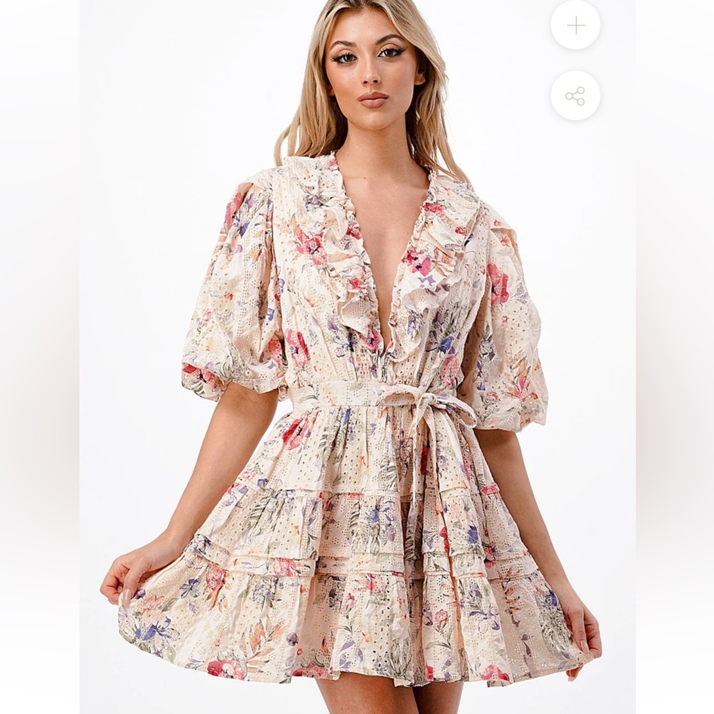 Cottage Coquette Floral Ruffle-Tiered Mini Cotton Dress in Cream S